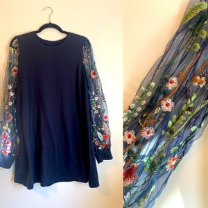 Floral Embroidered Mesh Sleeve Tunic/Dress